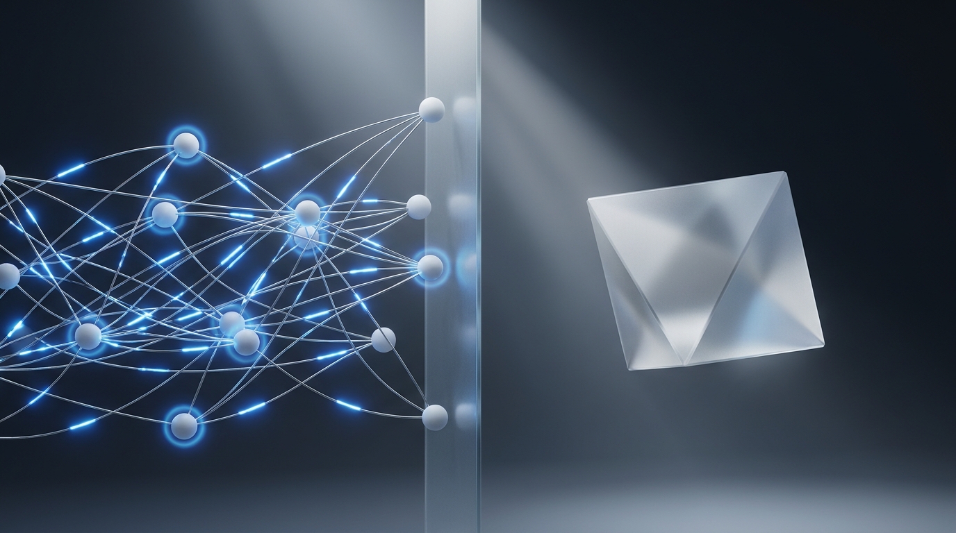 Abstract connected nodes with electric blue light pulses on deep slate background, split by a suspended frosted-glass prism dividing automated flow from still geometric forms.