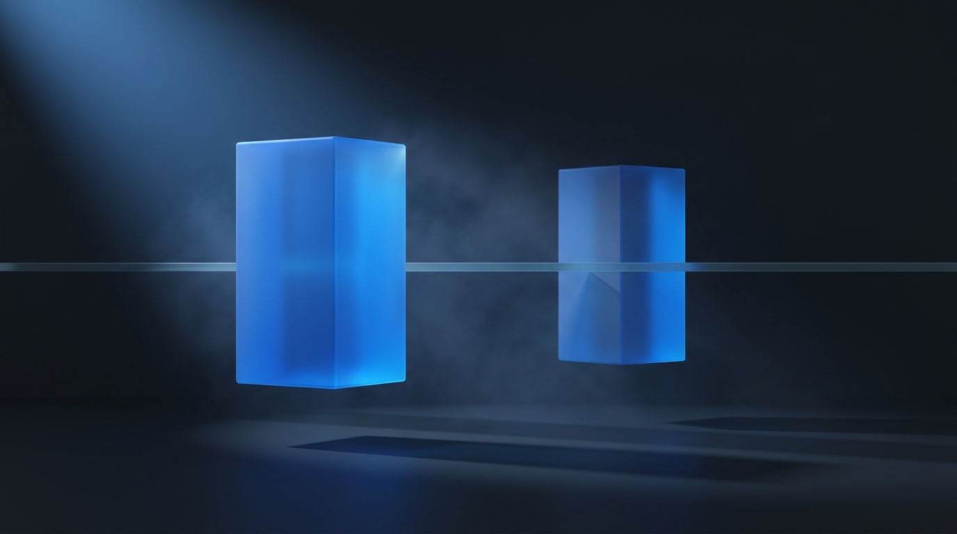 Two suspended geometric prisms facing each other, lit in electric blue, floating above a deep slate surface with soft volumetric haze between them