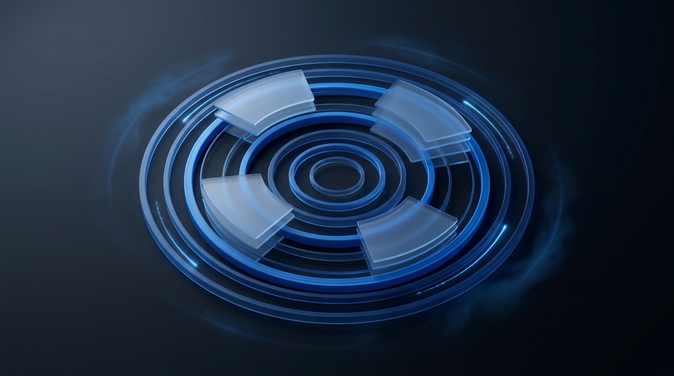 Abstract 3D illustration of concentric orbital rings and layered translucent panes in electric blue on a deep slate background, with flowing data ribbons connecting geometric nodes