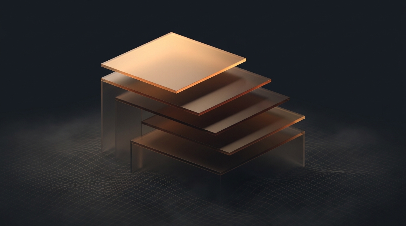 Layered translucent architectural planes rising from a topographic grid surface, lit in deep amber, against a near-black slate background with soft atmospheric depth.