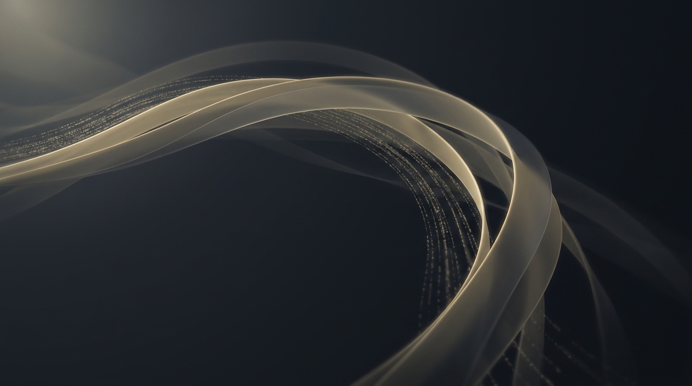 Abstract 3D illustration of flowing data ribbons and particle trails in muted gold against a deep slate background, representing scalable agency execution.