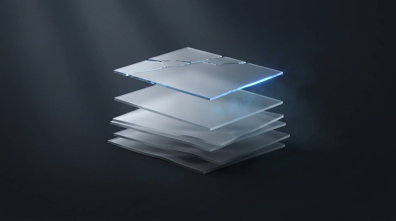 Layered translucent planes stacked unevenly on a dark slate background, one plane cracked and dim while a bright electric-blue shard floats separated above the rest.