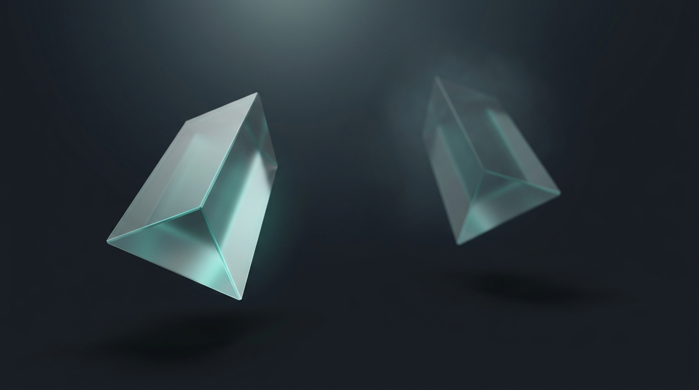 Two suspended geometric prisms facing each other, one larger, one smaller, lit by cool teal light against a deep slate background in a 16:9 editorial illustration.