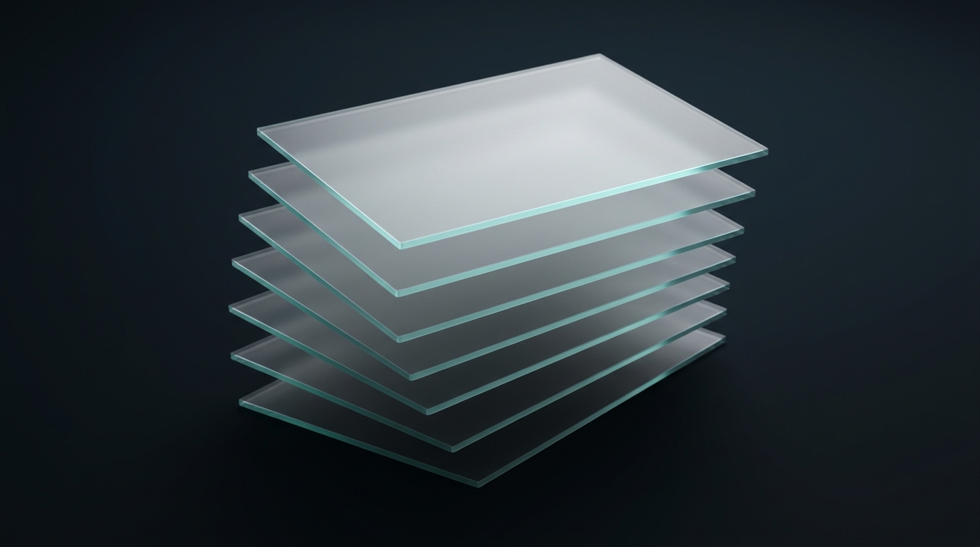 Abstract layered translucent planes stacked at angles, glowing cool teal edges, deep slate background, soft directional light, frosted glass material, geometric editorial illustration