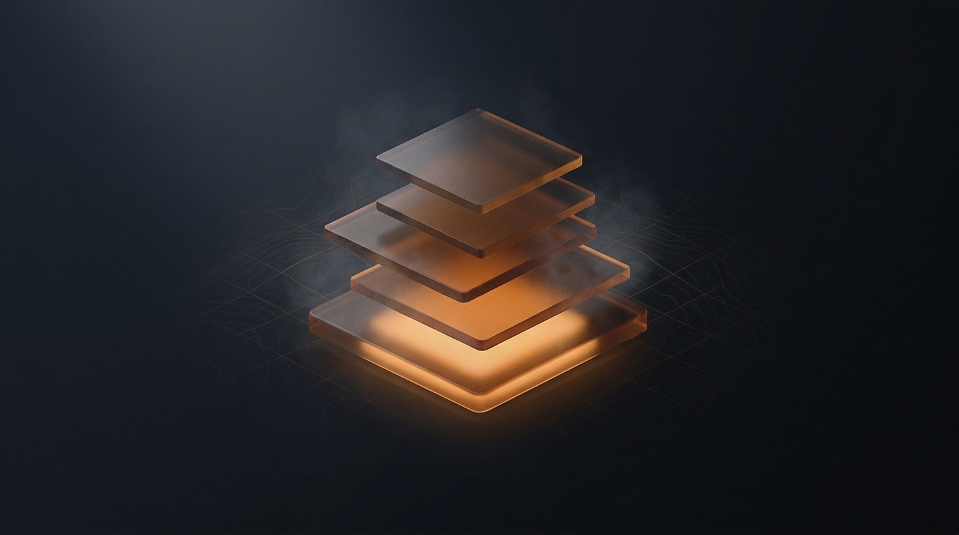 3D editorial illustration of layered architectural forms in deep amber against dark slate, representing stacked attribution layers with soft directional lighting