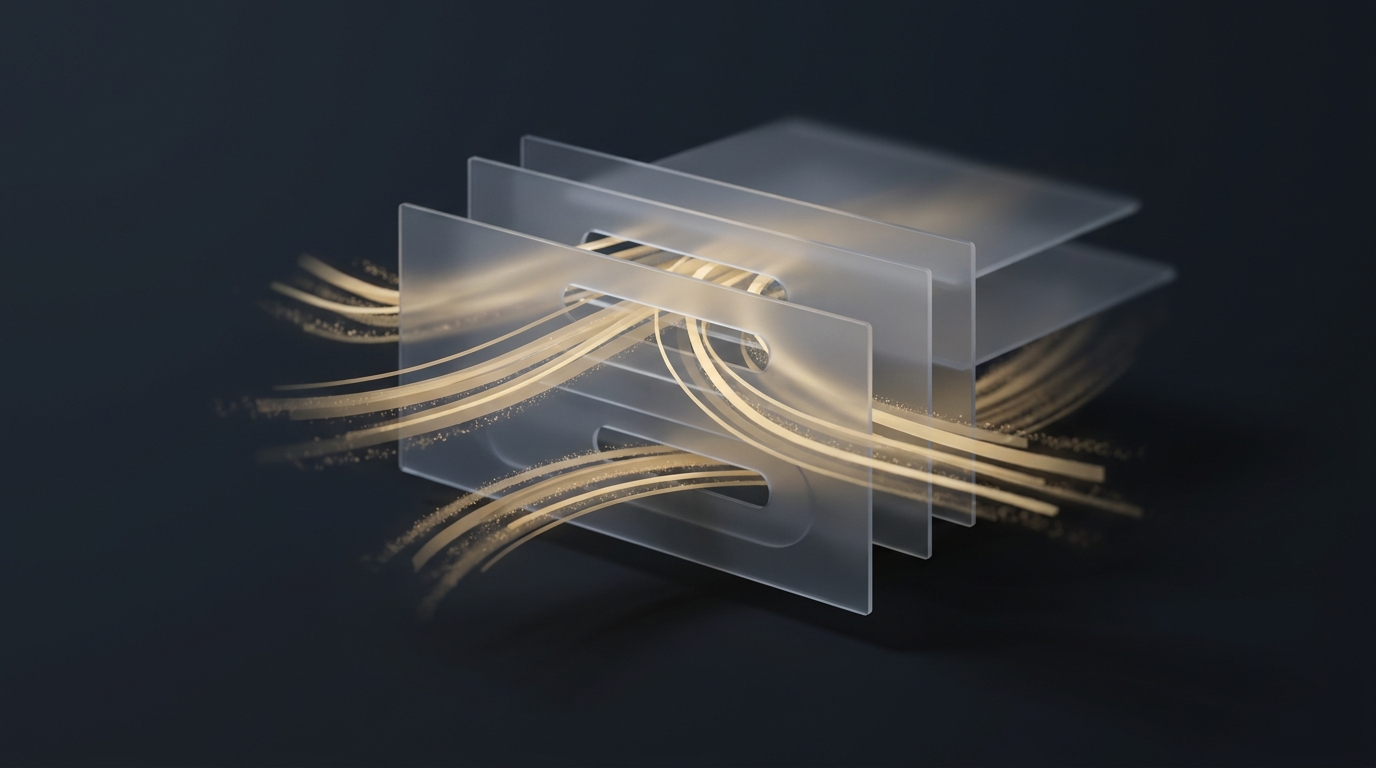 Editorial illustration of glowing muted gold data ribbons flowing through layered translucent planes on a deep slate background with soft directional lighting