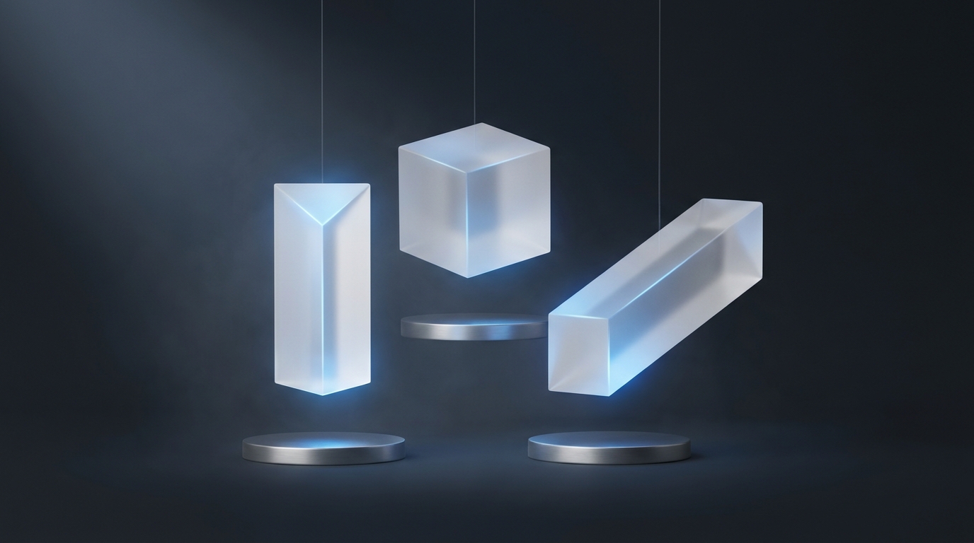 Three suspended geometric prisms in layered translucent planes, lit by cool electric blue light against a deep slate background, comparing three distinct forms.