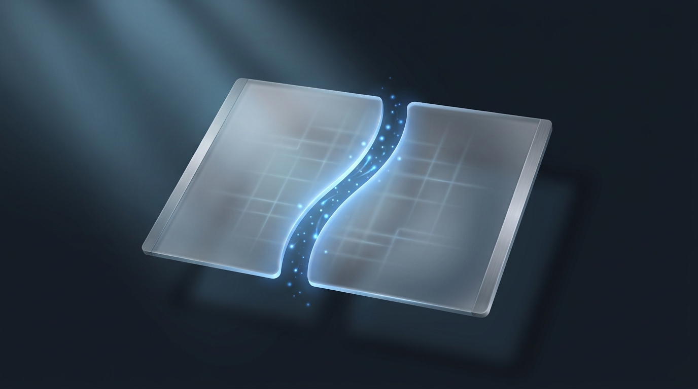 Abstract 3D editorial illustration of glowing electric blue split geometric planes on deep slate background, symbolizing structured A/B testing and campaign asset comparison.