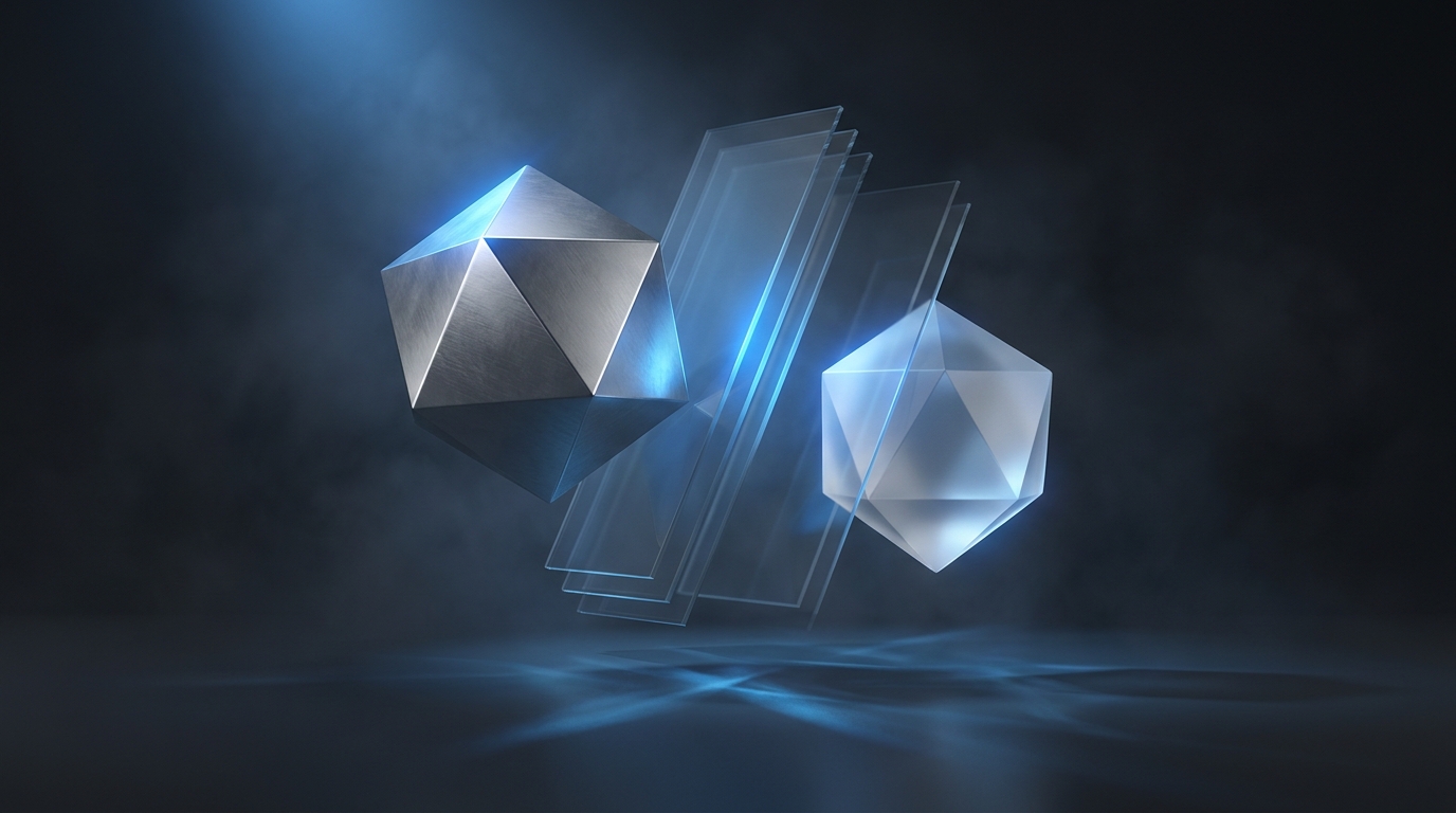 Two suspended geometric prisms of different sizes face each other on a dark slate background, lit from one side in electric blue, with layered translucent planes between them.