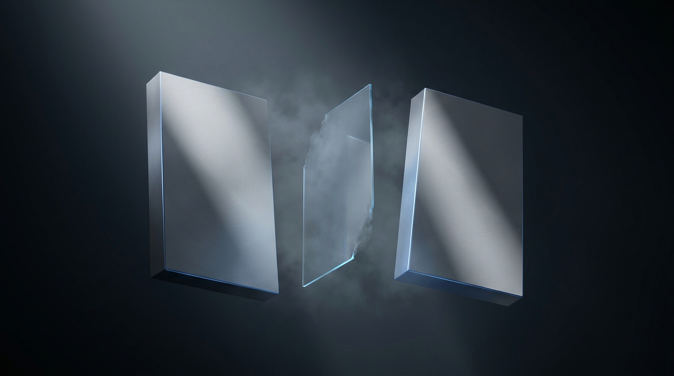 Two suspended geometric prisms facing each other across a gap, lit in electric blue on a deep slate background, with soft atmospheric haze between them.