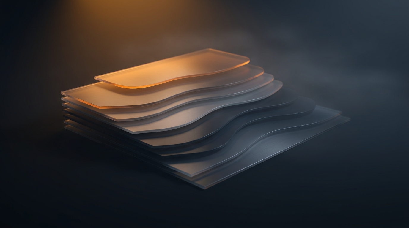 Layered translucent architectural tiers rising from a dark slate surface, lit from above with warm amber light, abstract topographic structure in 3D illustration style.