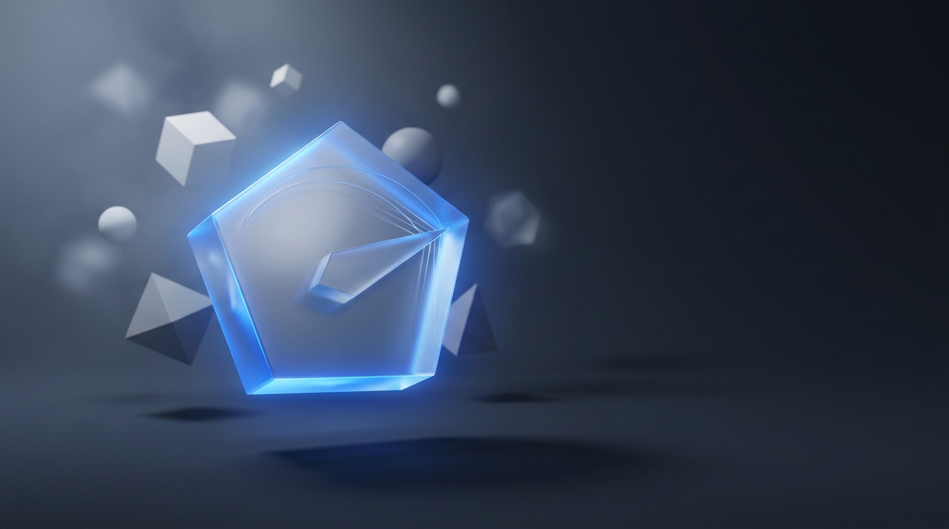 Abstract 3D illustration of a glowing electric blue throttle dial suspended in deep slate space, geometric prisms casting soft single-source directional light