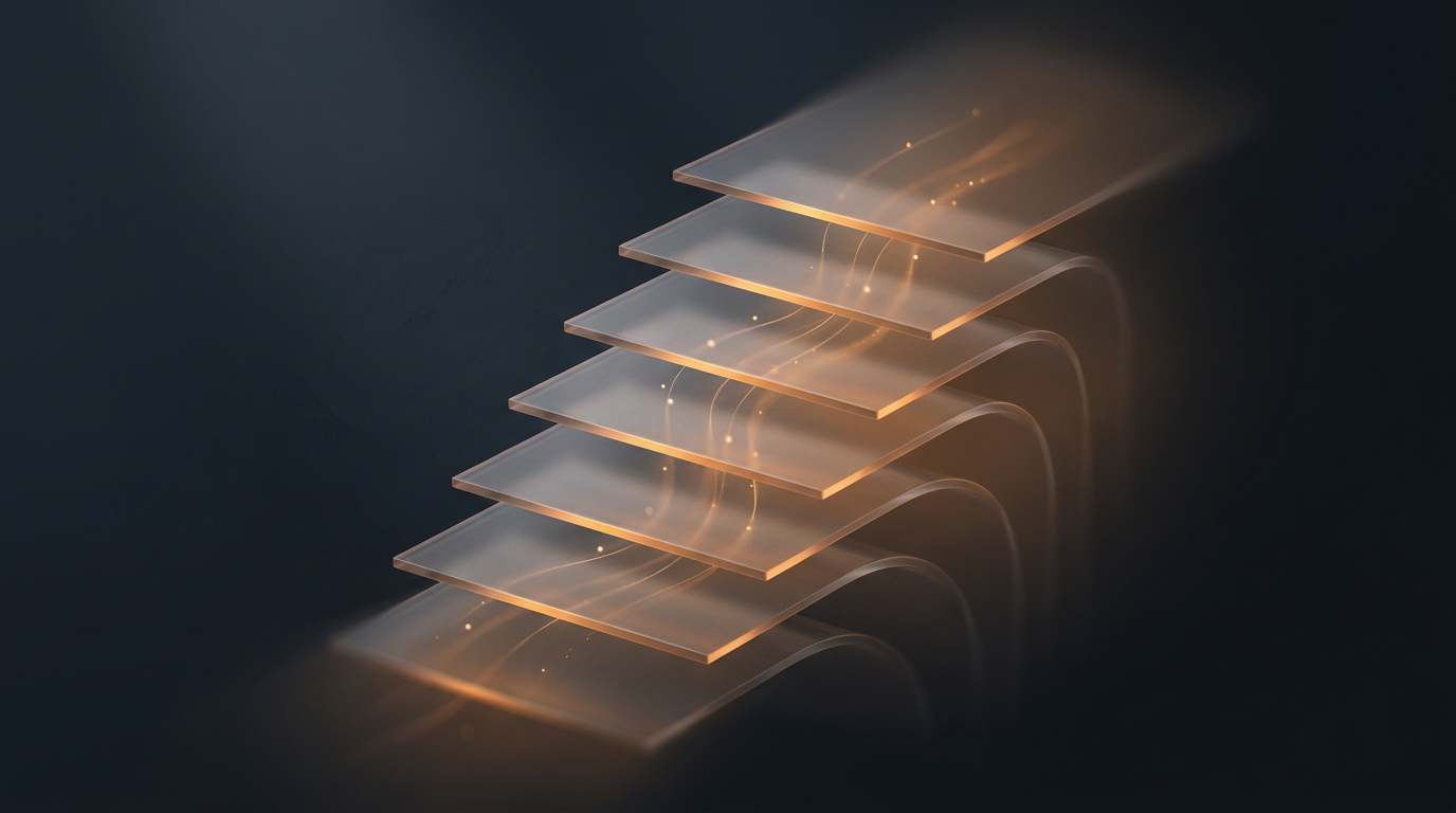 3D editorial illustration of layered translucent planes rising from a dark slate background, lit by a single warm amber light source with soft atmospheric depth