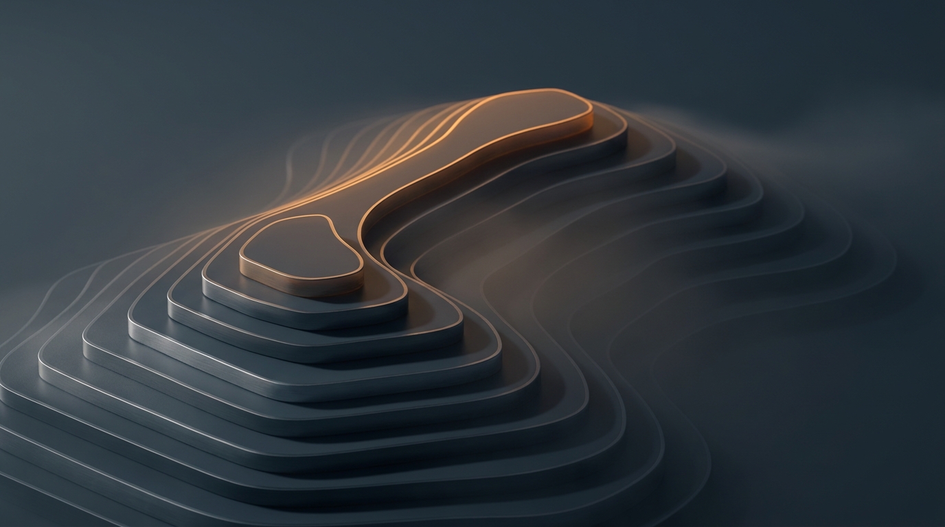 Abstract 3D editorial illustration of layered architectural terrain in deep amber rising from a dark slate background, lit by a single soft directional light source.