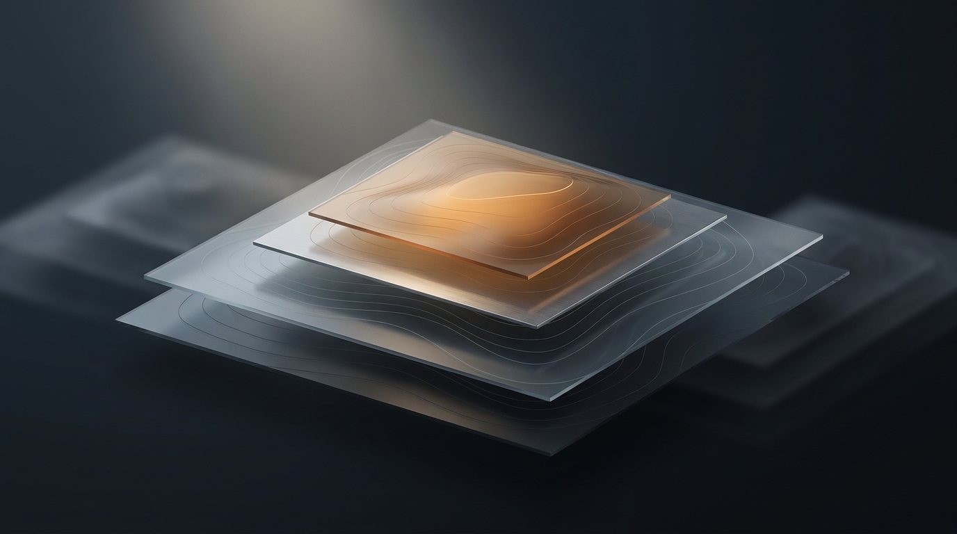 Abstract topographic landscape in deep slate tones with layered amber-lit terrain contours rising and falling, illuminated by a single soft directional light source.