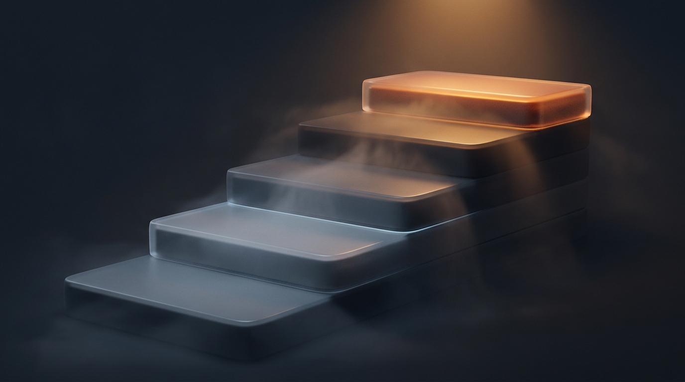 Layered architectural tiers rising from a dark slate surface, illuminated by warm amber light from a single overhead source, with smooth polymer planes receding into atmospheric depth.