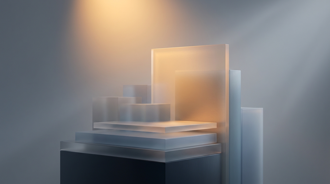 Layered translucent architectural tiers rising from a dark slate surface, lit from above with warm amber light, abstract topographic strata suggesting structured depth