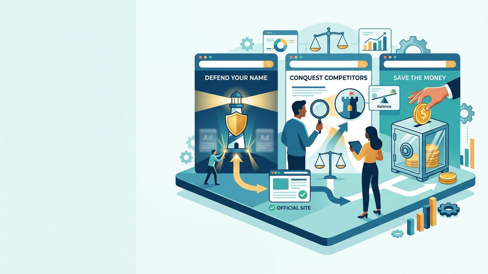Illustration for: Brand Term Bidding: When to Defend Your Name, When to Conquest Competitors, and When to Save the Money