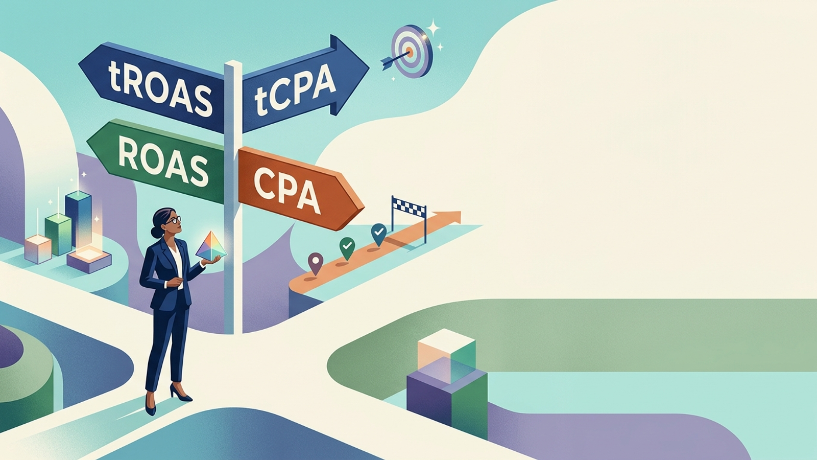 Illustration for: ROAS vs CPA vs tCPA/tROAS Naming: The Bid Goal Terminology Untangled