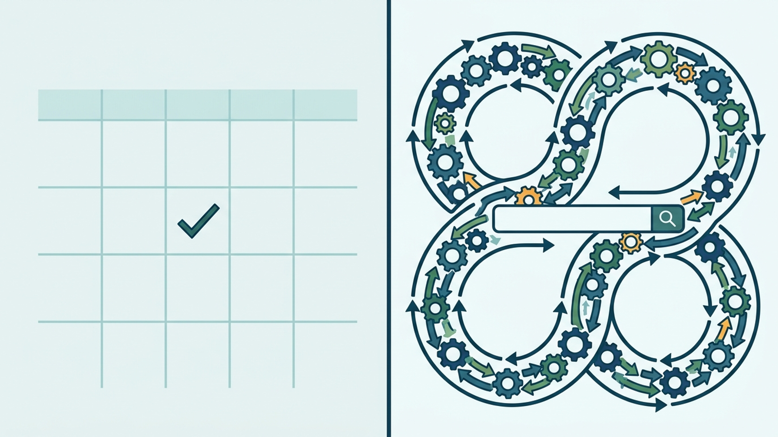 Illustration of a weekly human review calendar beside a continuous machine monitoring loop