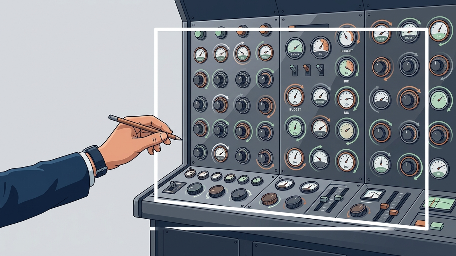 Editorial sketch of machine handling daily bid and budget dials while a person sets boundary lines