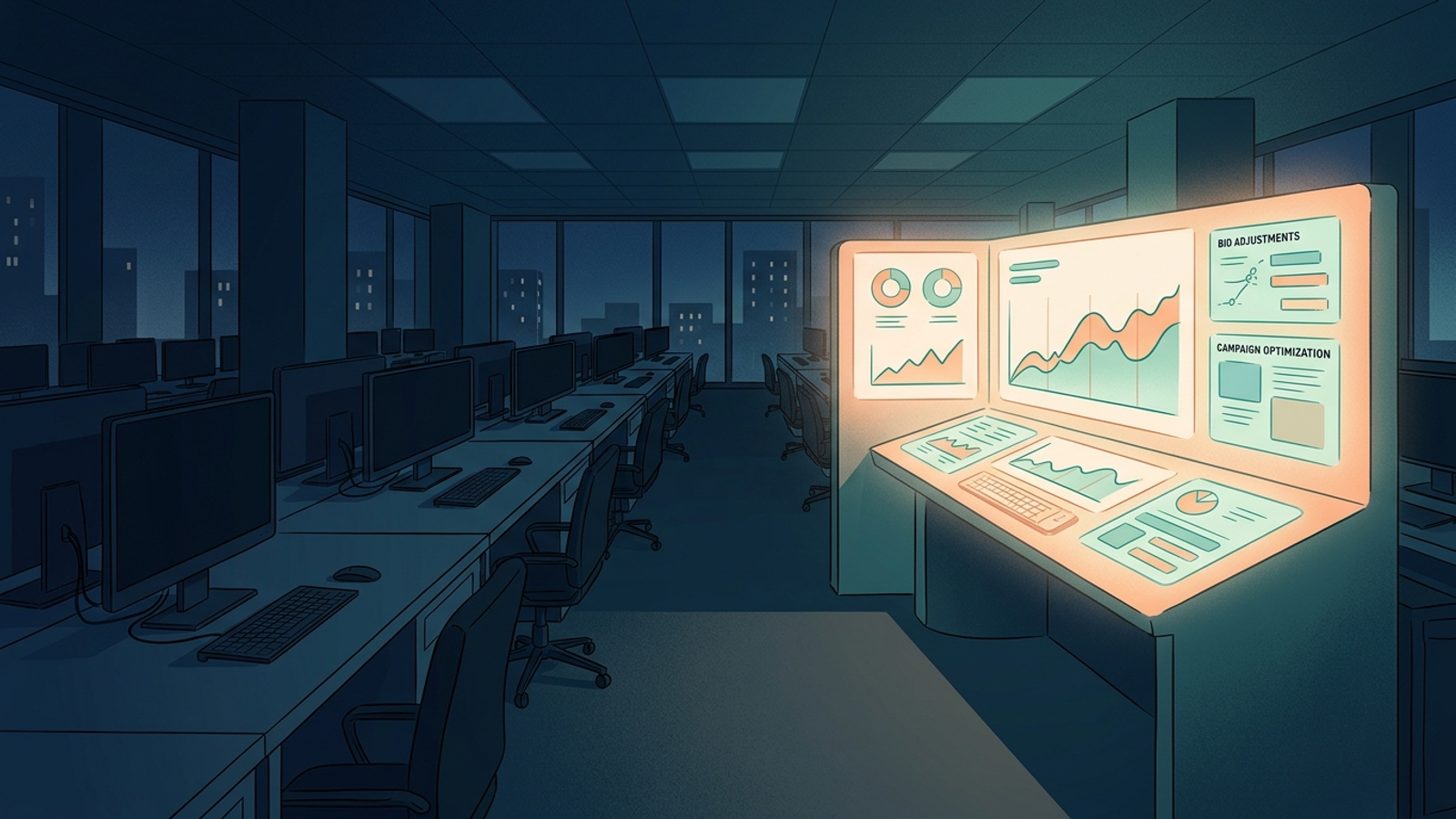 Illustration of an autonomous engine running Google Ads accounts overnight while the agency team sleeps