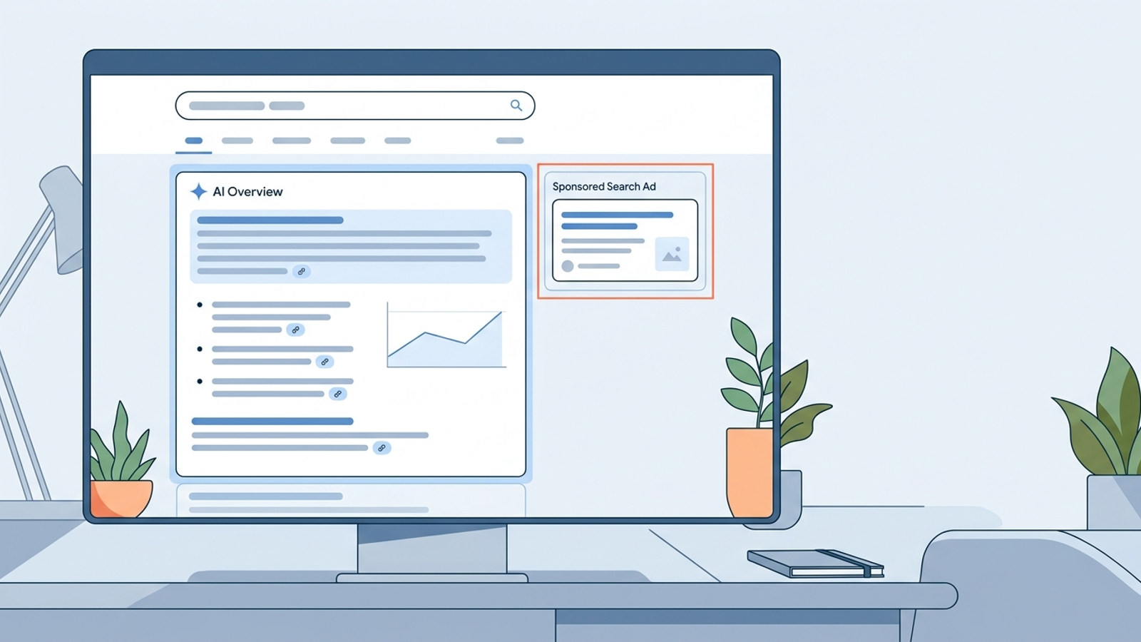Illustration of a search ad squeezed beside a large AI answer box