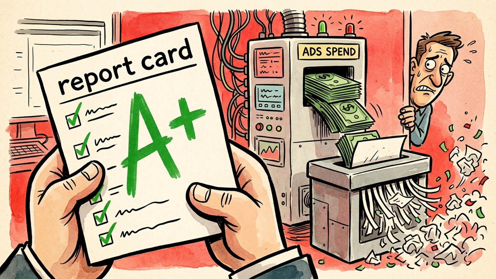 Cartoon report card giving a messy ad account an A grade while cash burns behind it