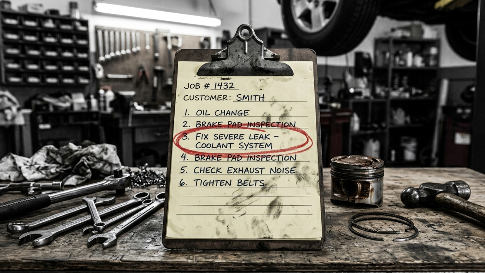 Mechanic's clipboard with numbered repair order for an ad account, most urgent fix circled in red