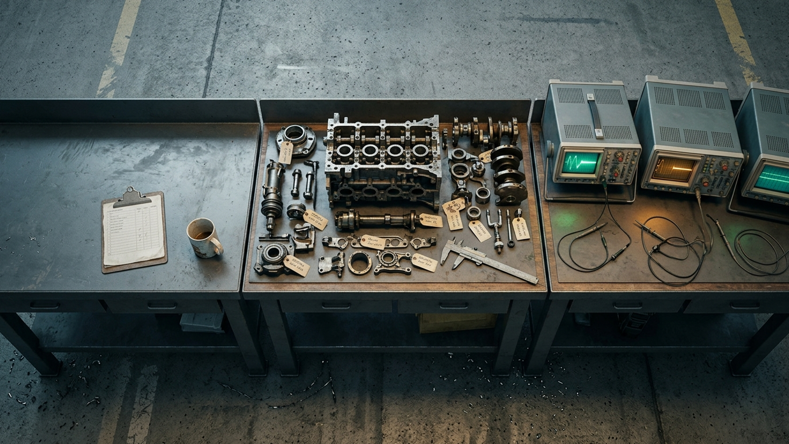 Overhead photo of three side-by-side workbenches showing quick checklist, deep teardown, and live monitors