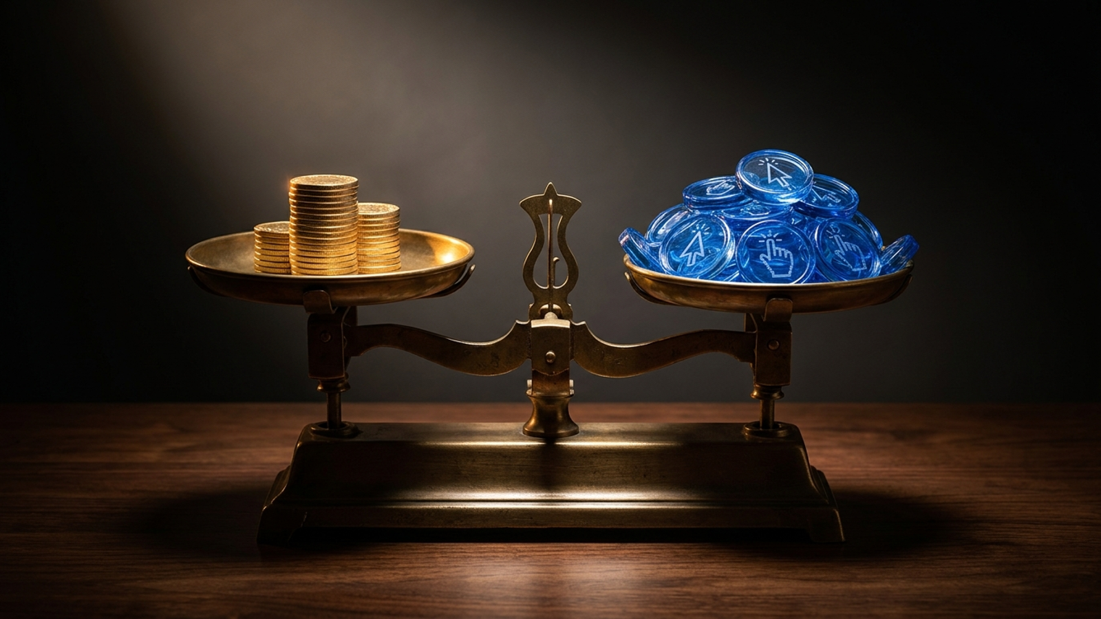 Brass balance scale weighing gold coins against glowing blue glass tokens, contrasting revenue conversion with shallow click volume.