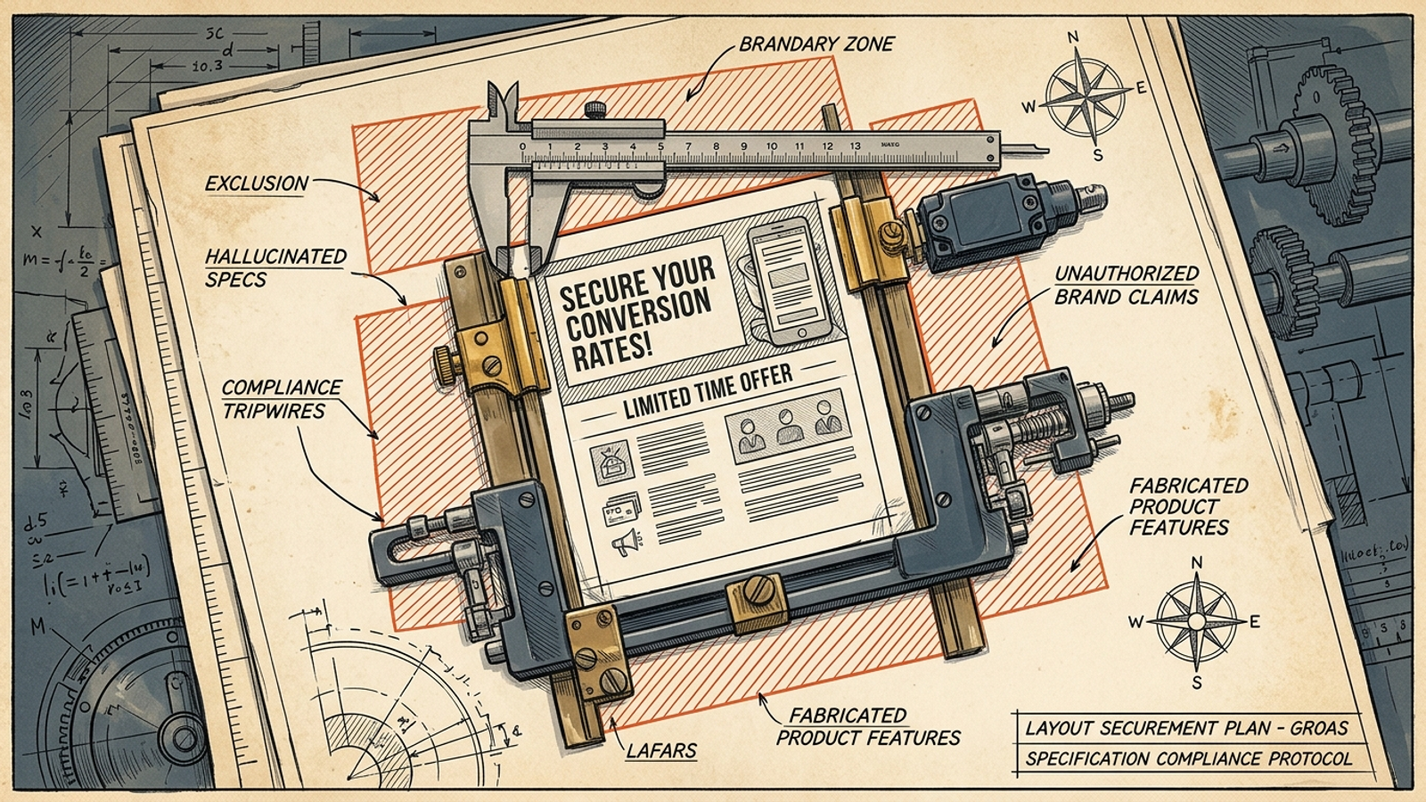 Ink-and-gouache schematic of ad-copy typography secured within steel limit calipers, surrounded by red hatched compliance exclusion zones.