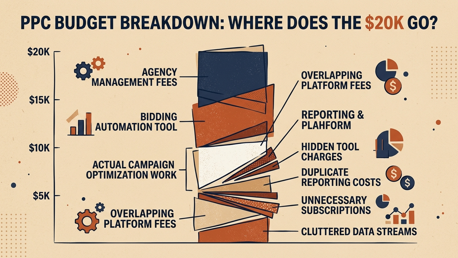Bar chart showing PPC spend wasted across overlapping agency, bid tool, and reporting fees