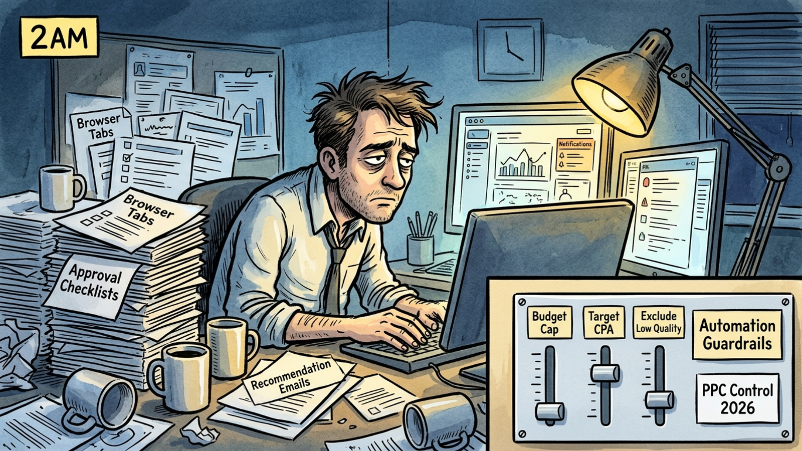 PPC manager staring at dashboards and suggestion lists late at night