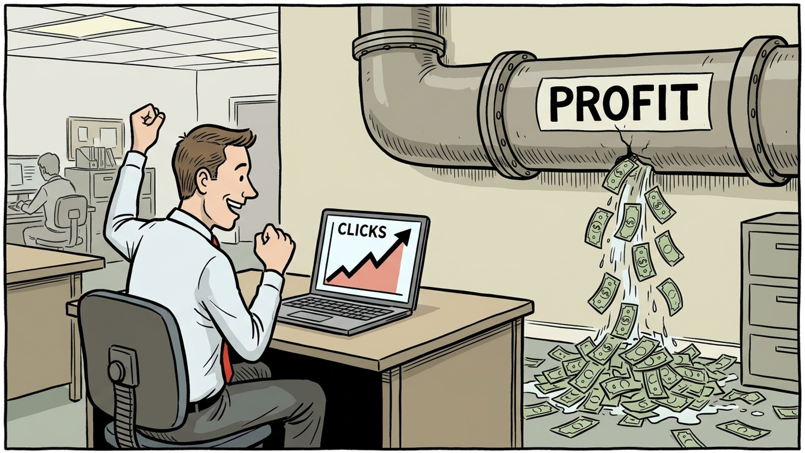 Cartoon of a marketer celebrating rising clicks while cash leaks from a pipe behind him