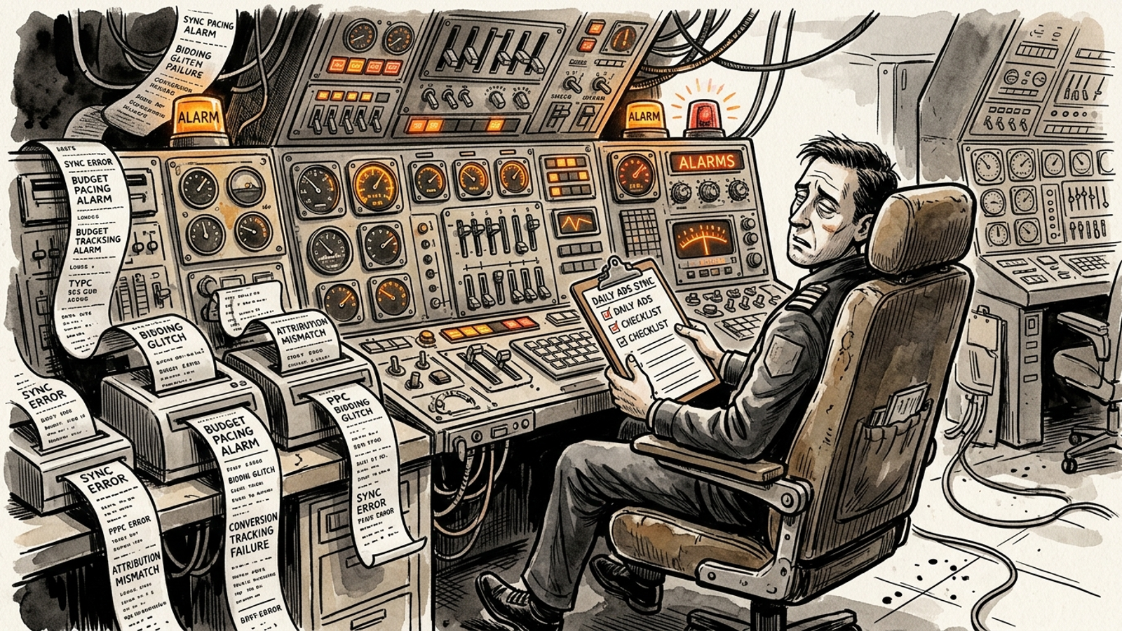 Editorial ink drawing of an exhausted PPC marketer in a cockpit covered in blinking dials, warnings, and tickers