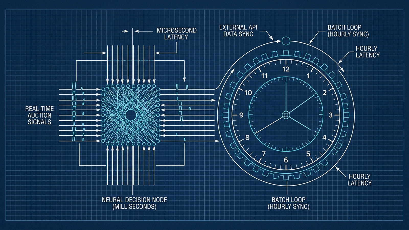 Technical blueprint comparing real-time auction signals with delayed external API polling cycles