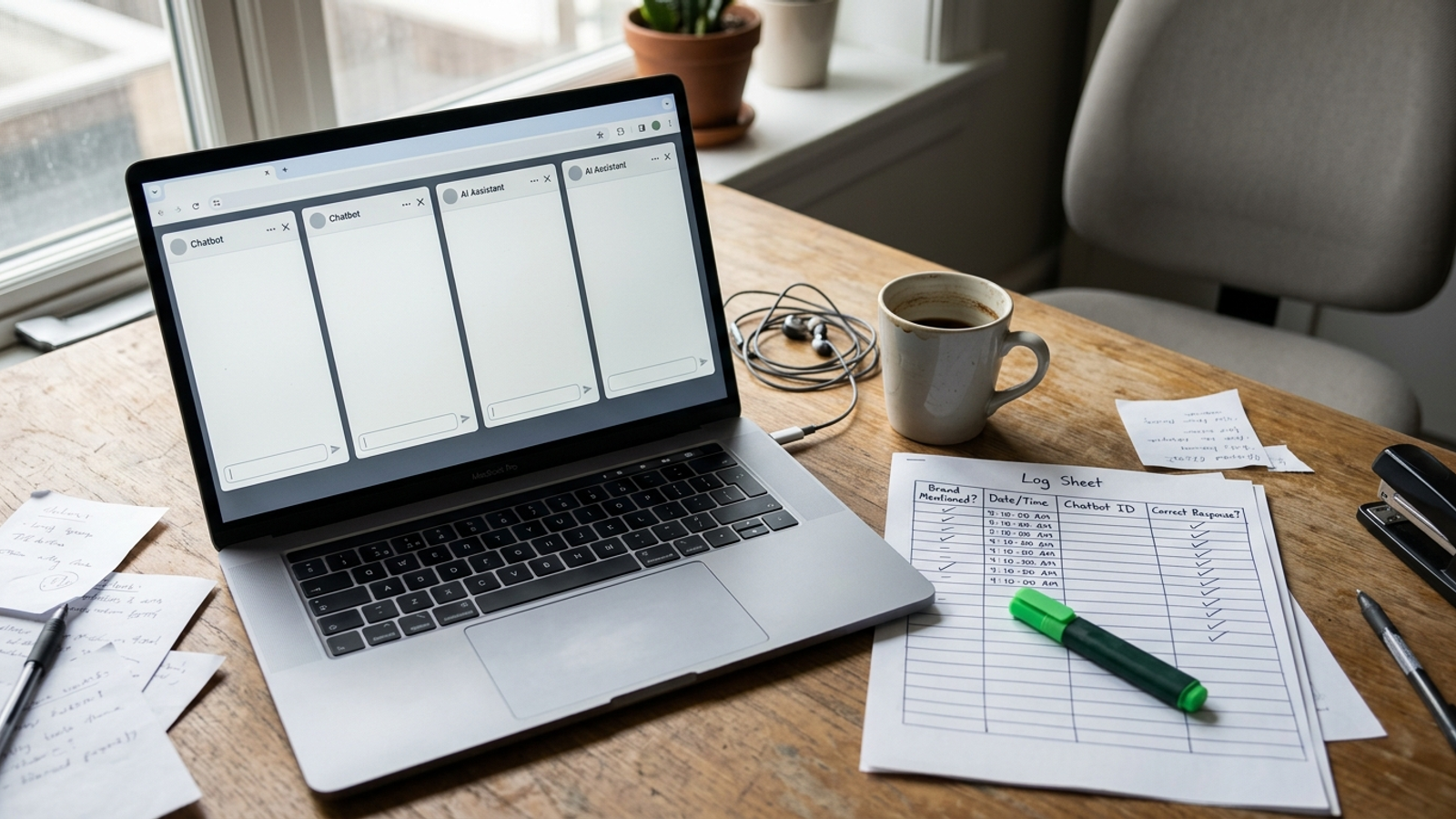 Overhead desk with four chatbot windows on a laptop and a handwritten brand-mention test log