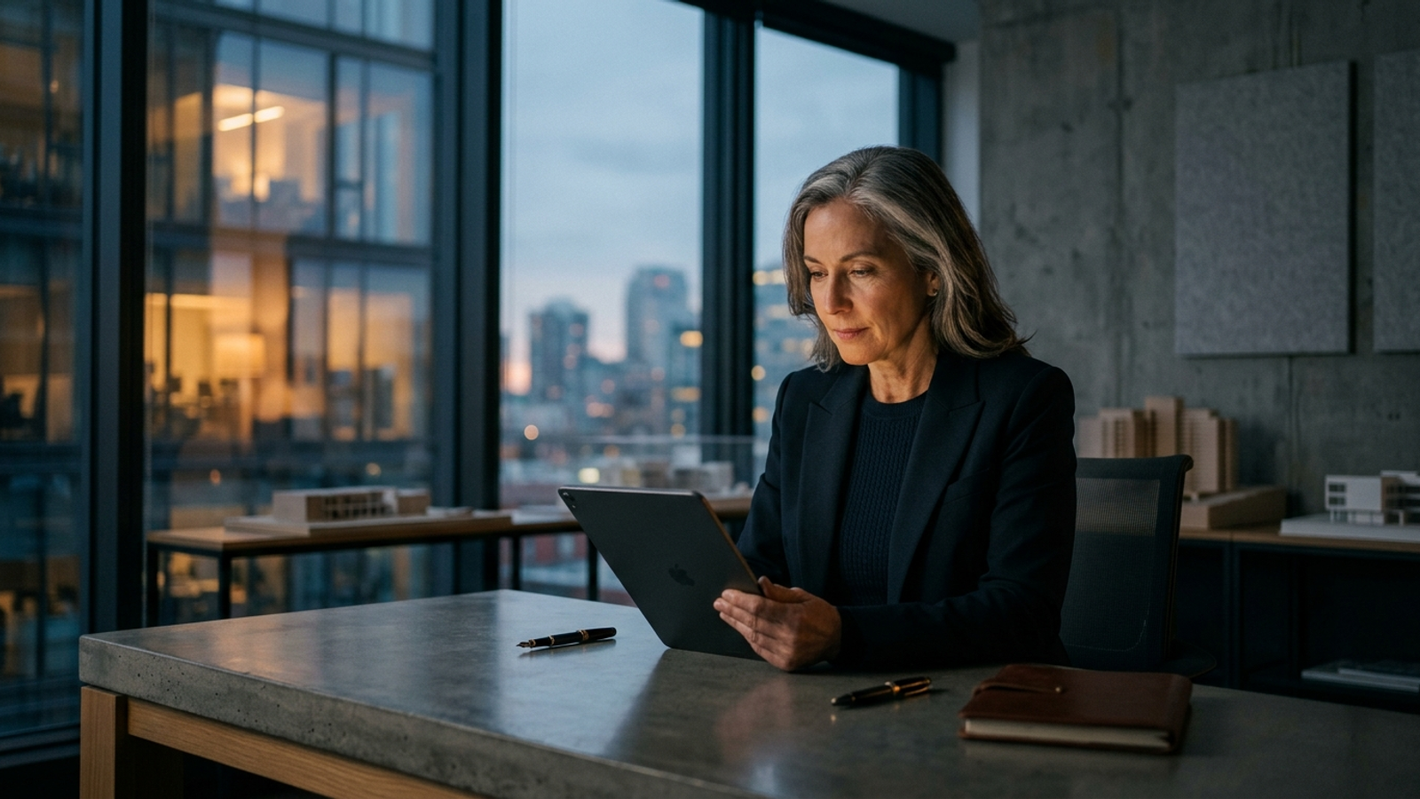 Cinematic editorial photo of an agency strategist reviewing real-time search telemetry and strategic guardrails on a modern display in a dusk-lit design studio.