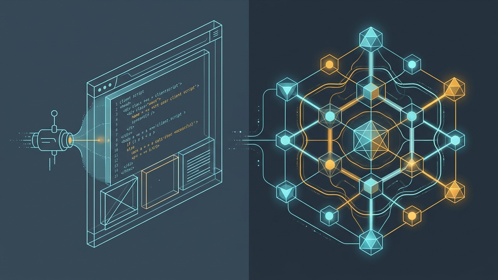 A split technical cutaway showing a raw unrendered code skeleton on the left contrasted with an interconnected luminous knowledge graph on the right.