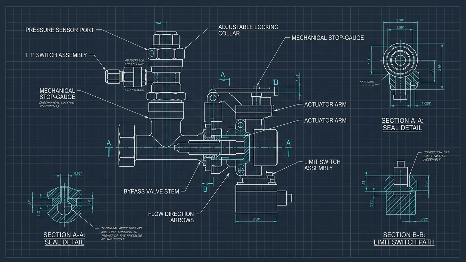 Industrial bypass valve with manual locking collars that limit automated flow.