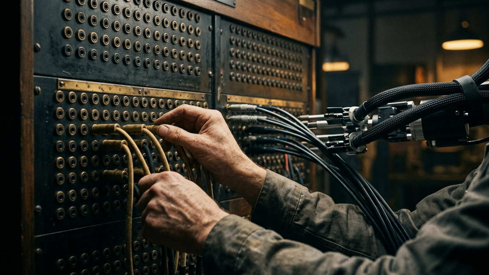 Manual switchboard cables beside an automated routing unit.