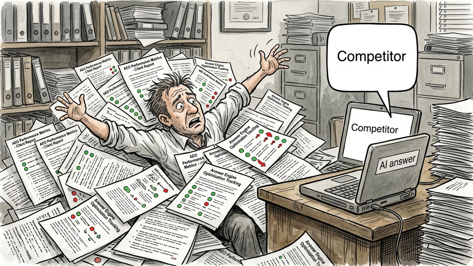 Cartoon of an agency owner buried under AEO reports while client AI answers stay empty