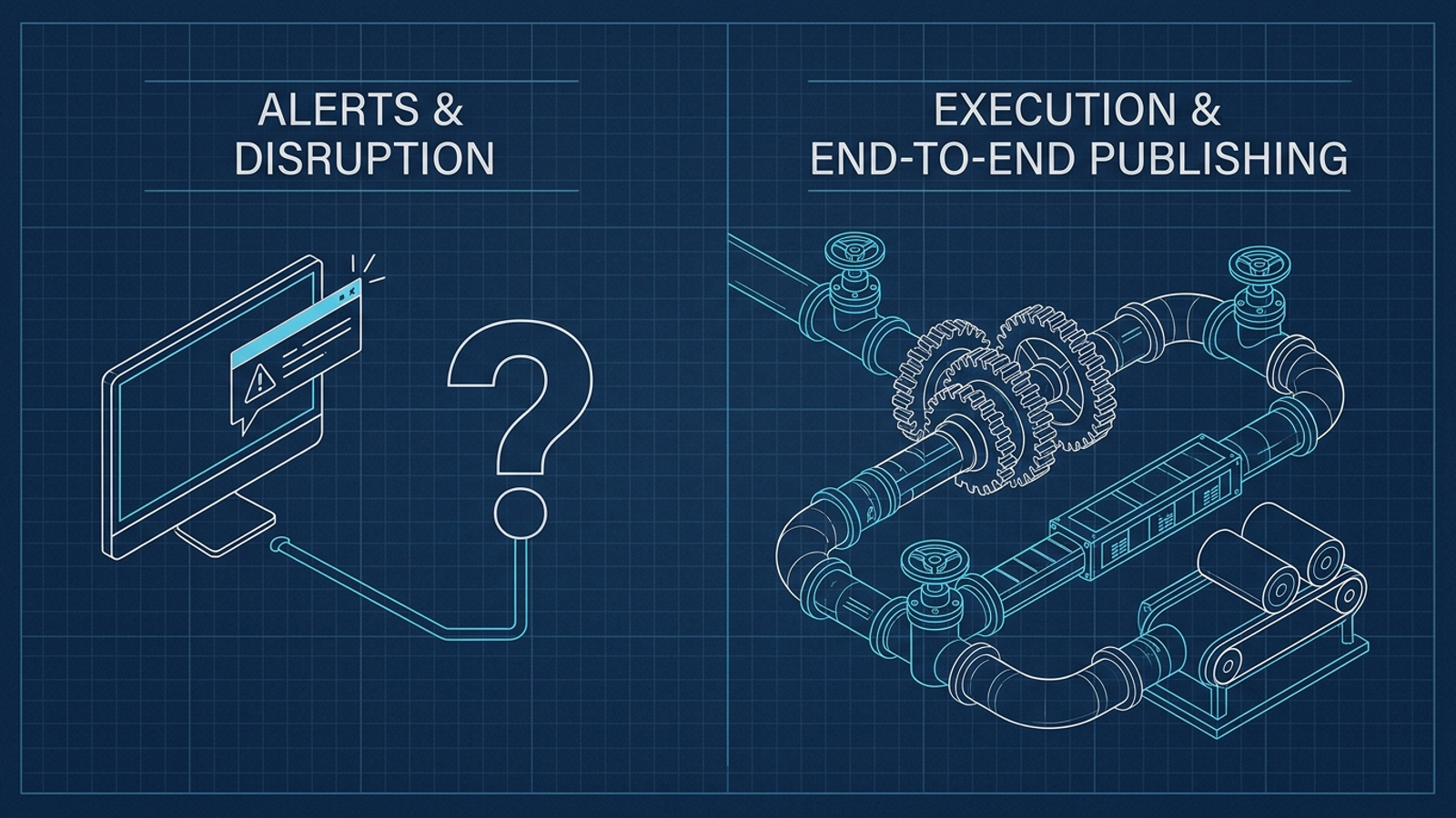 A blueprint contrasting an alert dashboard with an end-to-end execution pipeline.