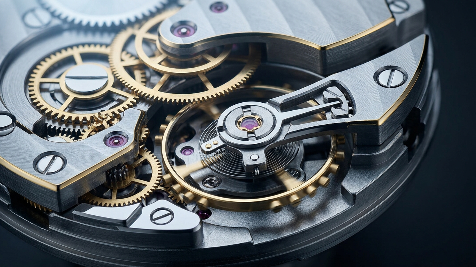 A precision-milled watch mechanism operating under cool directional light.