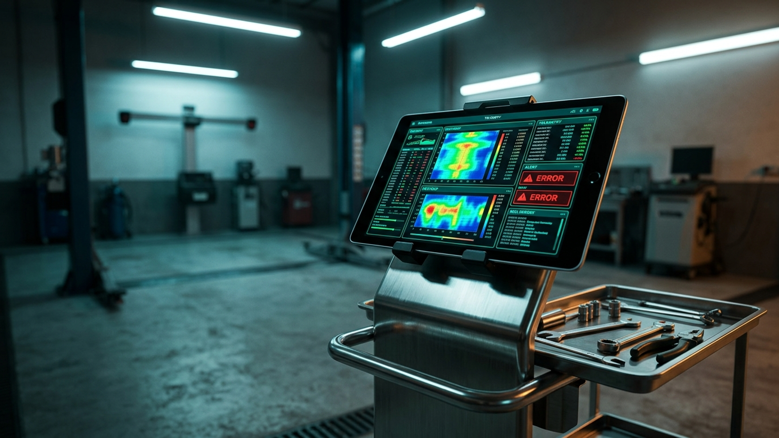 A digital diagnostic console beside an empty repair bay.