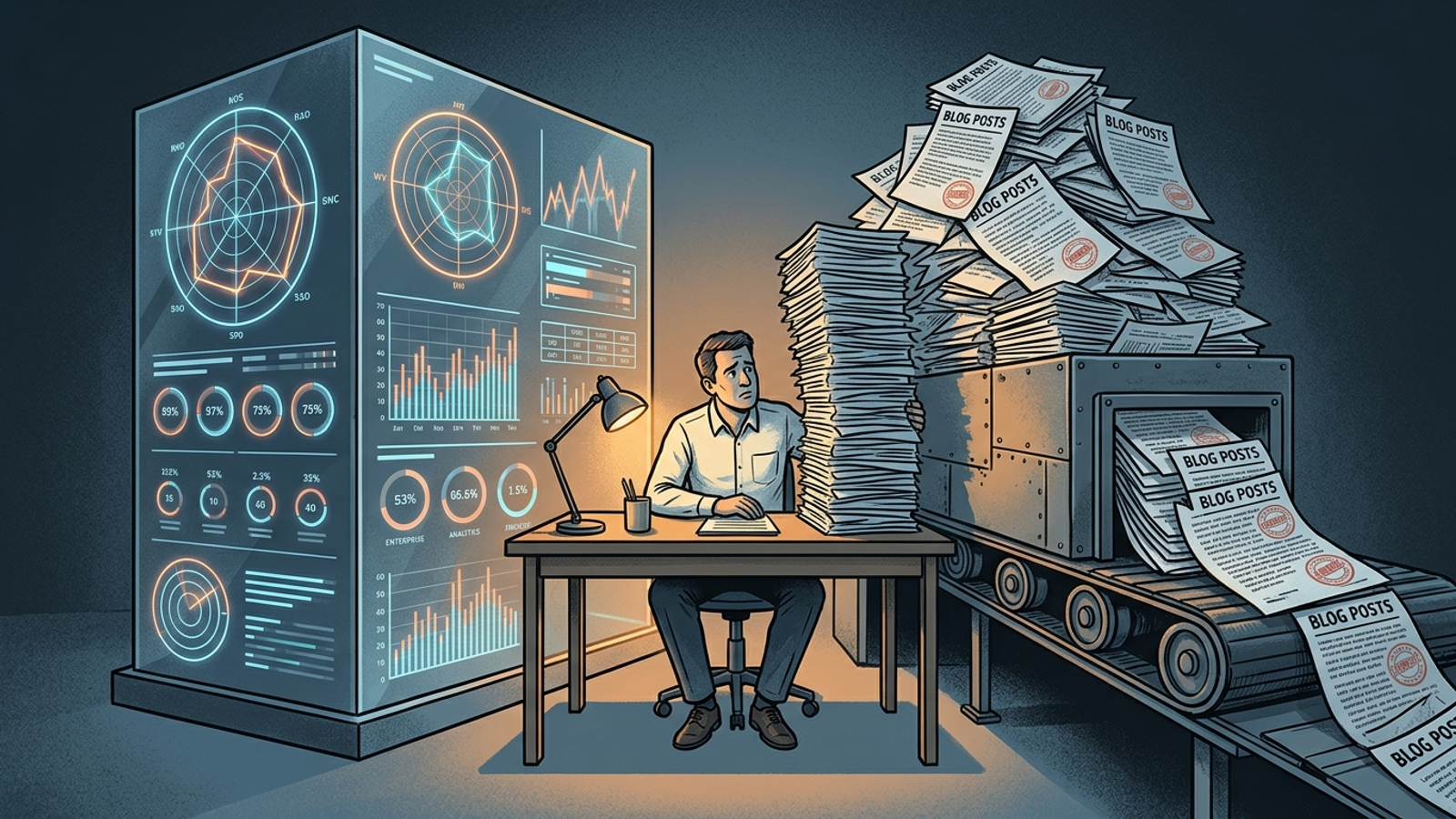An agency manager between piles of analytics charts and automated content.