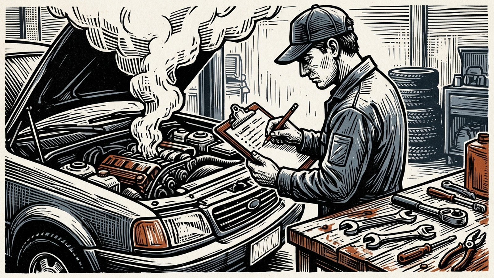 Linocut illustration of a mechanic taking notes beside a smoking engine instead of repairing it.