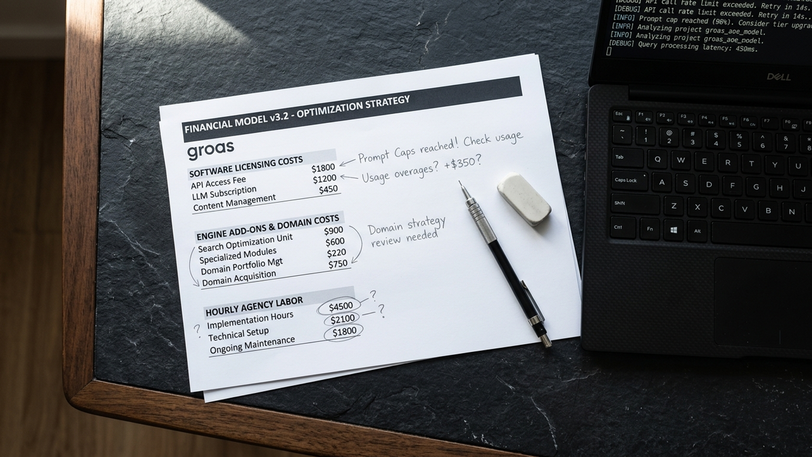 Comparison worksheet showing five-domain AEO monitoring costs and coverage gaps