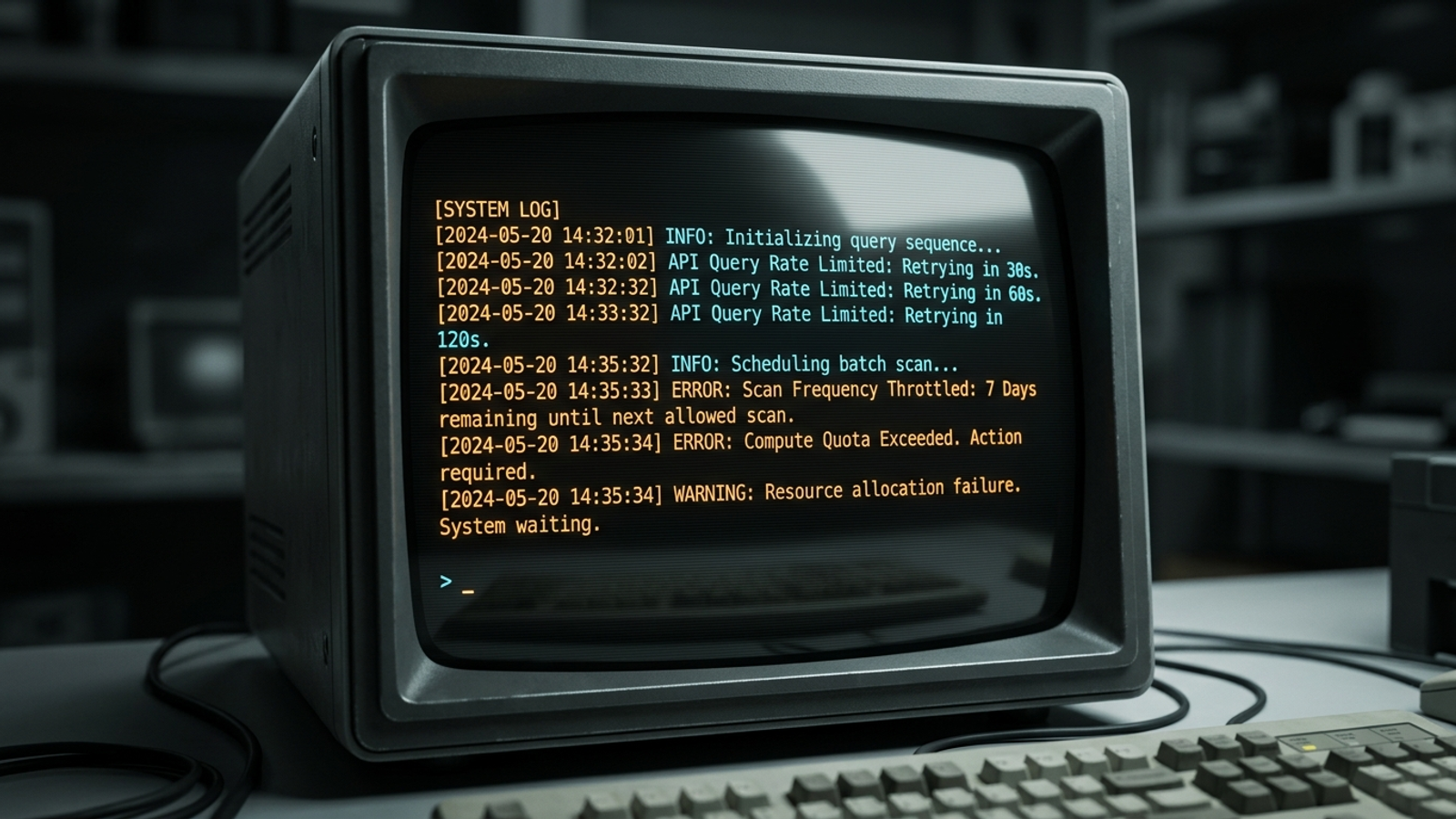 Server console illustration showing prompt throttling, queue delays and rate-limit warnings